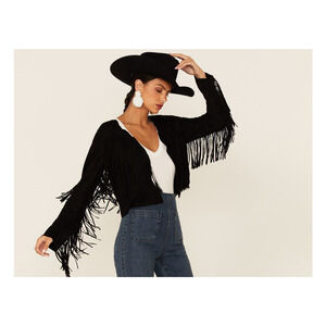 BLACK FAUX SUEDE FRINGED CROPPED WESTERN COWBOY MOTO JACKET